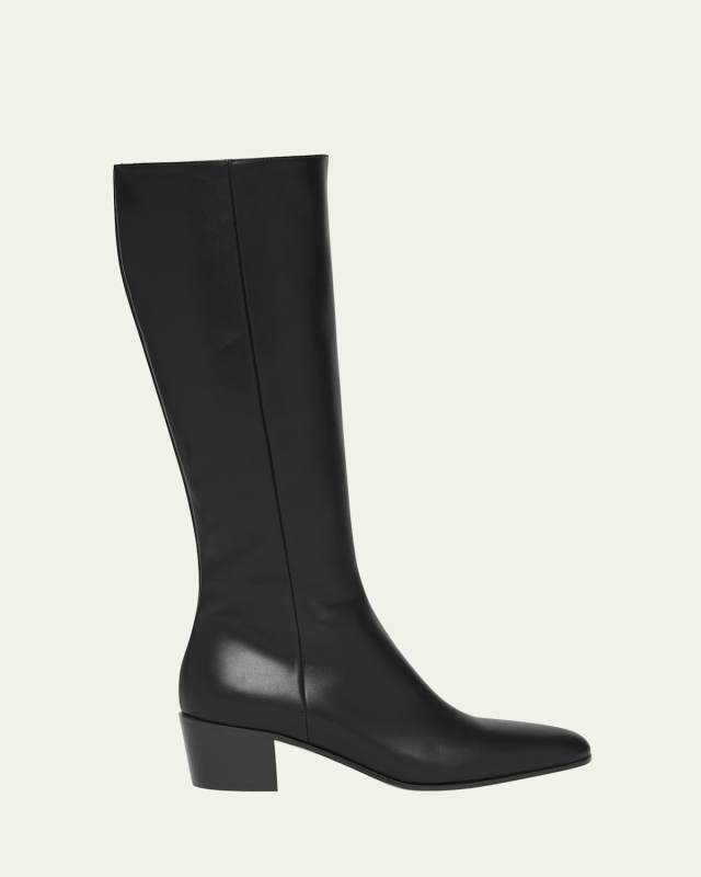 Leather Block-Heel Knee Boots